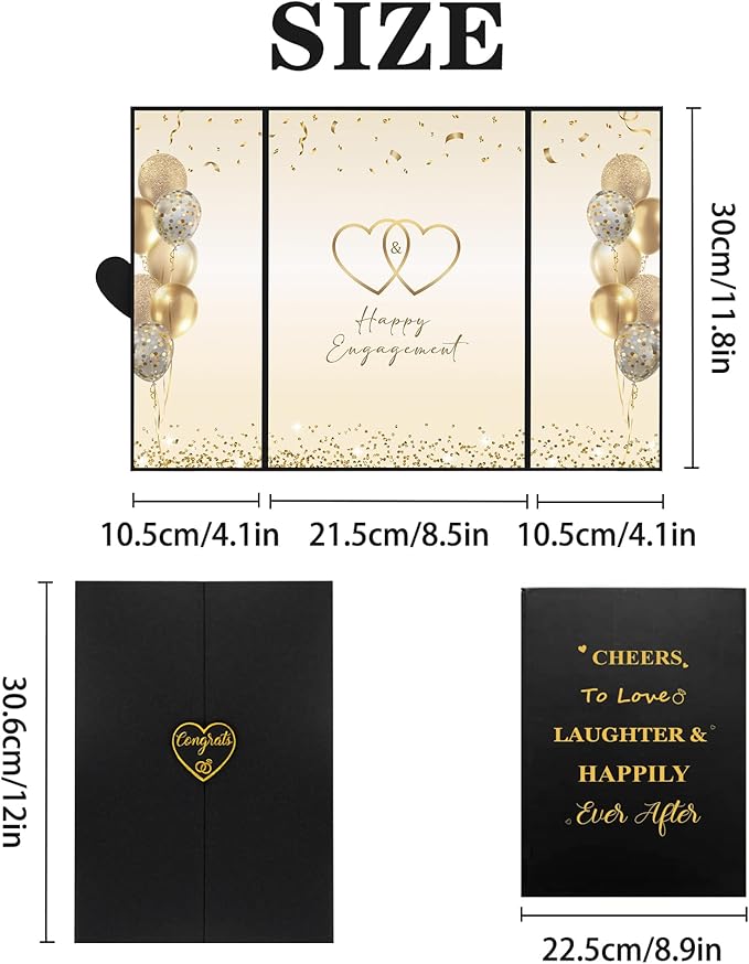 DARUNAXY Black Gold Engagement Party Decorations, Happy Engagement Alternative Signature Guest Book Just Engaged Gifts Almost Married Congratulations Engagement Signing Card Board Party Supplies