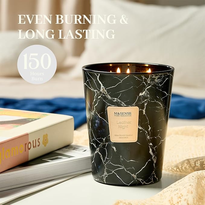 M&SENSE Extra Large Candle 35oz 150H LeatherNight Scented, 3 Wick Highly Scented Jar Candles, XL Large Christmas Gift Candle for Women, Long Lasting Burning for Holiday, Thanksgiving, Christmas