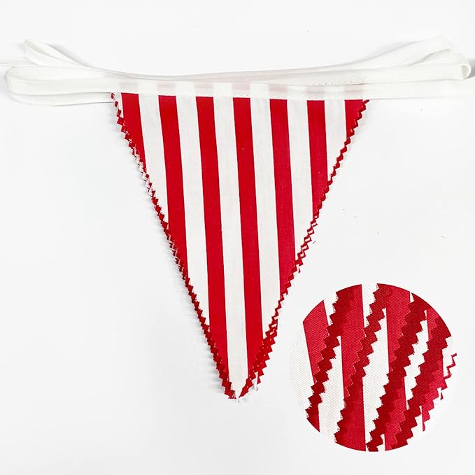 32Ft Red and White Striped Pennant Banner Fabric Triangle Flag Bunting Garland Streamer for Carnival Circus Kids Birthday Wedding Christmas New Years Party Outdoor Garden Hanging Festivals Decoration