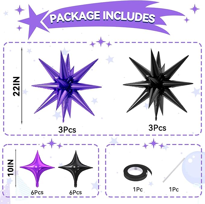 18 Pcs Black Purple Star Balloons, Purple and Black Stars Foil Balloon with 6 Pcs 22-Inch Explosion Star Balloons 12Pcs 10-Inch Four Pointed Stars Balloon for Birthday Halloween Party Decoration