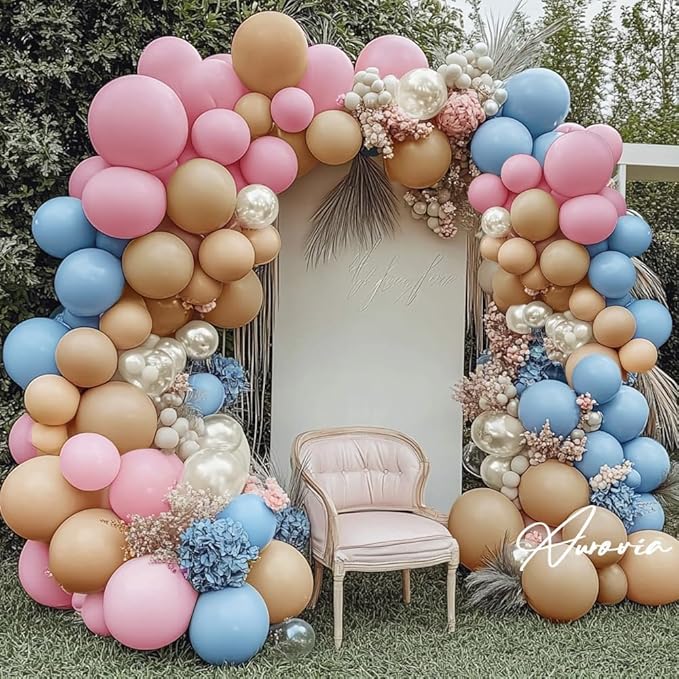 Pink Blue Brown Balloon Garland Double Stuffed Dusty Pink Light Blue White Sand Pearl Balloons Pastel Balloon Arch Kit for Boho Baby Shower Birthday Bridal Shower Bear Gender Reveal Party Decoration
