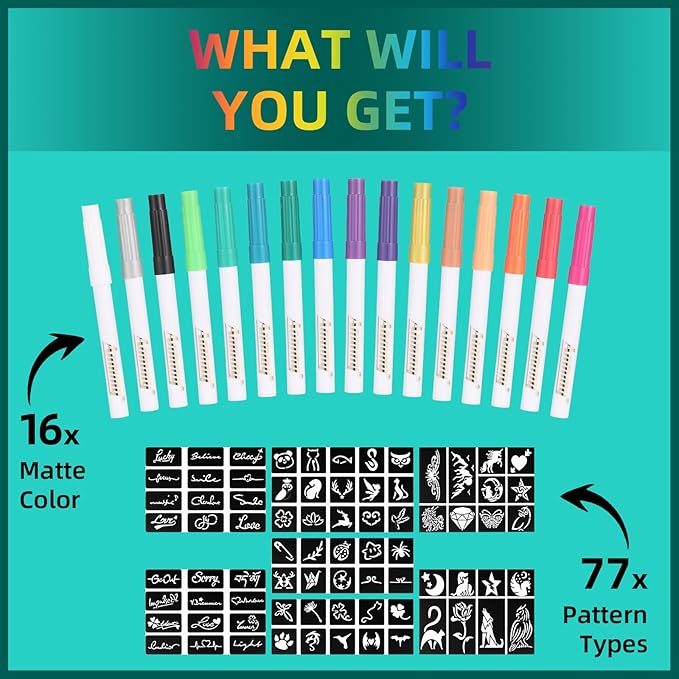 Temporary Tattoo Metallic Markers for Skin,16-Count Body Markers+77 Large Tattoo Stencils of Assorted Colors for kids and Adults,Flexible Brush Tip, Bright colors, Skin-Safe*,Cosmetic-Grade.
