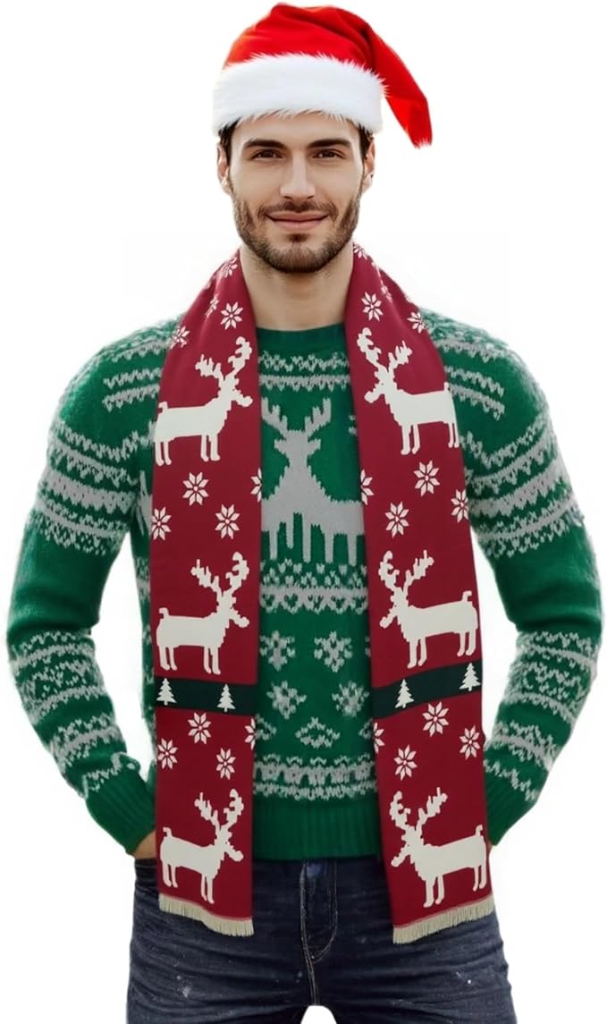 Unisex Christmas Scarves for Women Men Boys Girls Christmas Gifts Winter Scarf with Reindeer and Snowflake Shawl Wrap Xmas