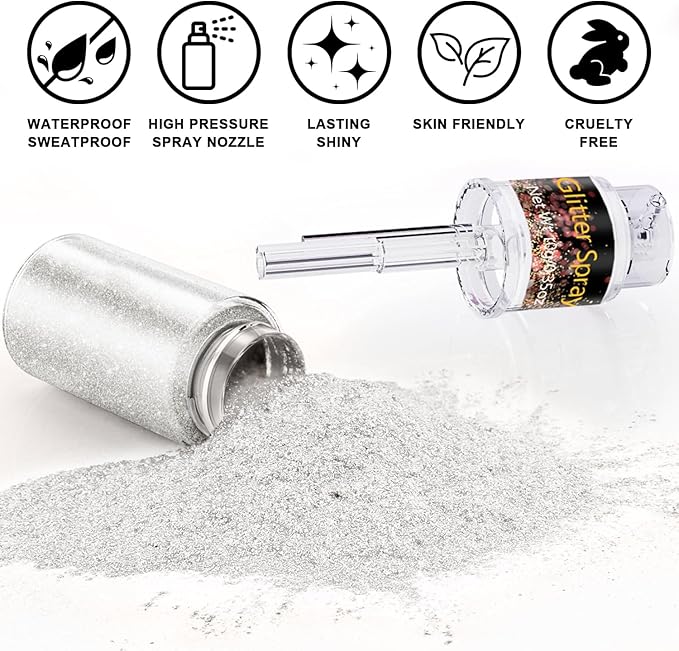 Pearl White Highlighter Glitter Spray 10g, ICY Shimmer Mist for Face, Hair Body, Loose Sparkle Powder for Winter Festival Makeup, Ballet, Cosplay, Prom, DIY Craft Nail Art