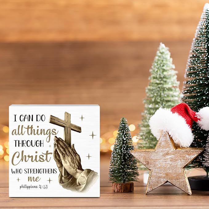 Christian Christmas Decorations, Christ Decor with Praying Hands, Religious Bible Gifts for Women, Men - Baptism Decorations for Home Desk Table Shelf 5 X 5 Inch