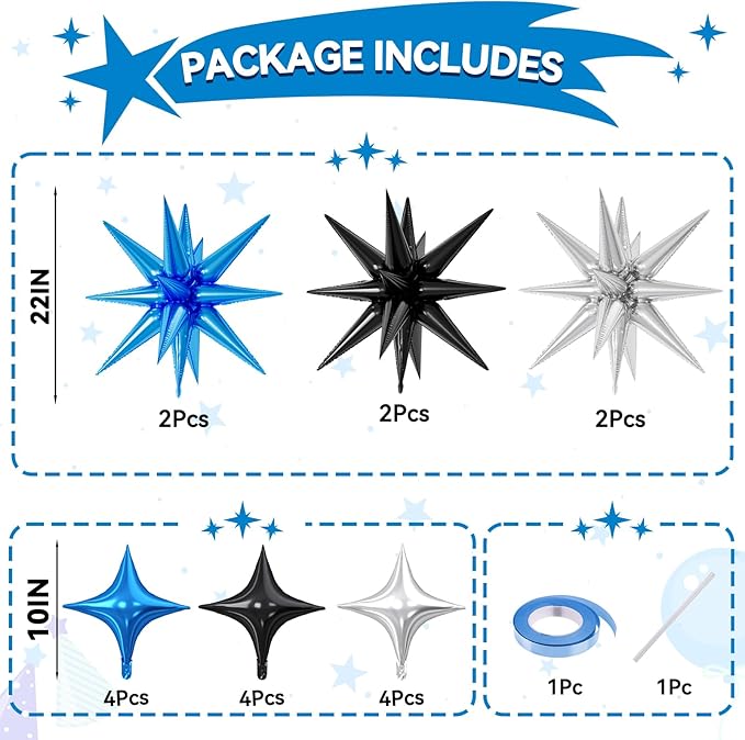 18 Pcs Black Blue Star Balloons, Silver Blue Black Balloon with 6 Pcs 22-Inch Explosion Star Balloons 12Pcs 10-Inch Four Pointed Stars Foil Balloon for Boys Baby Shower Birthday Party Decoration