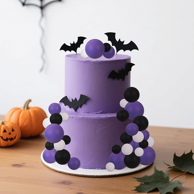 BEISHIDA 40 pcs Foam Ball Halloween Cake Toppers with Sticks Perfect for Halloween Cake Decorations Birthday Party Wednesday Theme Cake Decoration(Black, White, Purple)