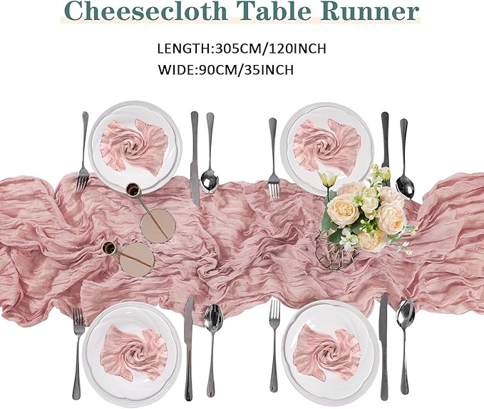 10PCS Dusty Rose Cheesecloth Table Runner 10ft Boho Gauze Fabric Cheese Cloth Table Runner Comes with 10 Cloth Napkins Runner for Romantic Wedding Birthday Shower Party Table Decoration