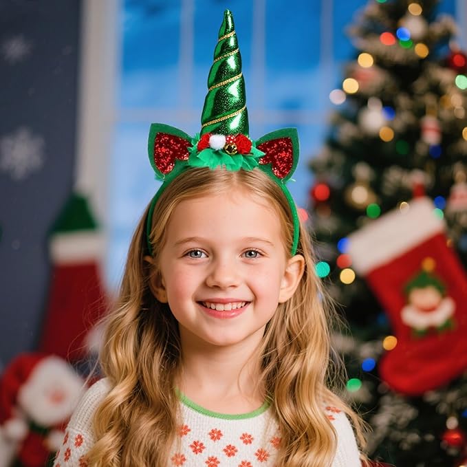 Christmas Unicorn Headband for Women - Festive Green Glitter Unicorn Ear Hairband, Cute Holiday Party Headwear for Xmas, New Year, Costume, Photo Props, Family Accessories