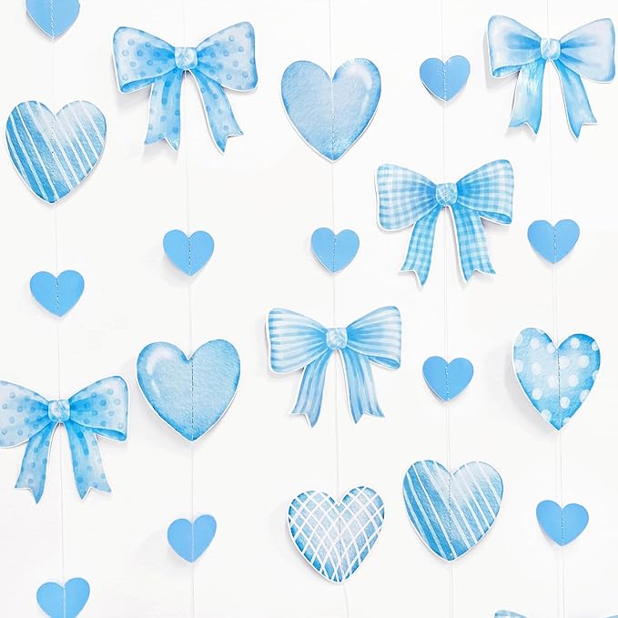 Blue Bow Decorations Blue Plaid Twill Polka Dot Bow Heart Hanging Streamer Garland Banner for Baby Shower Birthday Wedding Bridal Shower Bachelorette Coquette Anniversary Party Decorations Supplies
