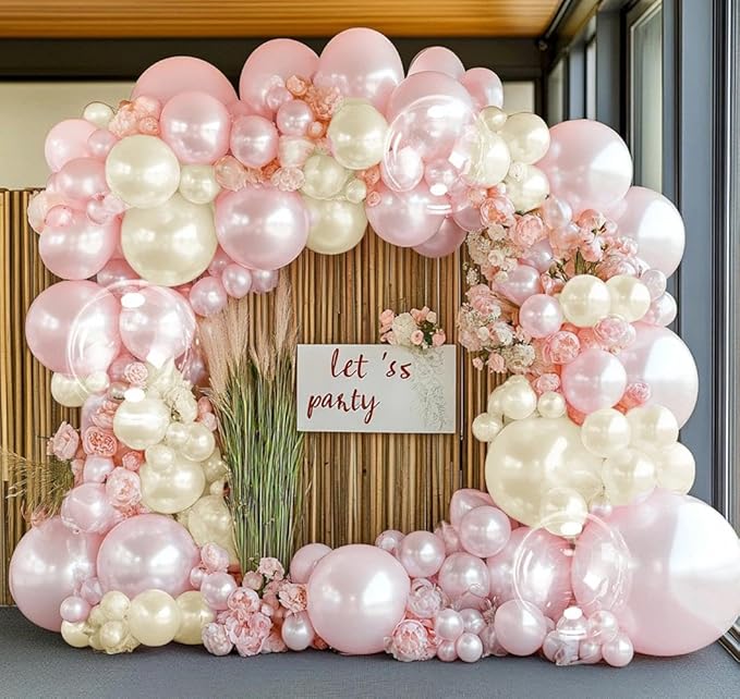 Pearl Pink Balloon Arch Double Stuffed Pastel Light Baby Pink Balloon Garland Different Sizes 12/10/5in With Clear Bobo Balloons for Birthday Wedding Bridal Baby Shower Engagement Party Decor