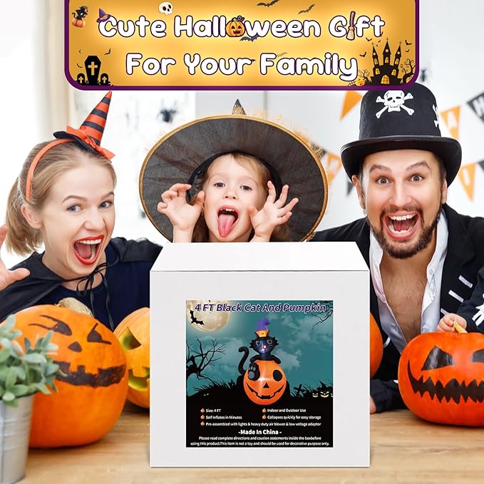 4FT Halloween Black Cat Pumpkin Inflatable Decoration Blow up Decoration with LED Lights Indoor Outdoor Yard Party Holiday Graden Decor