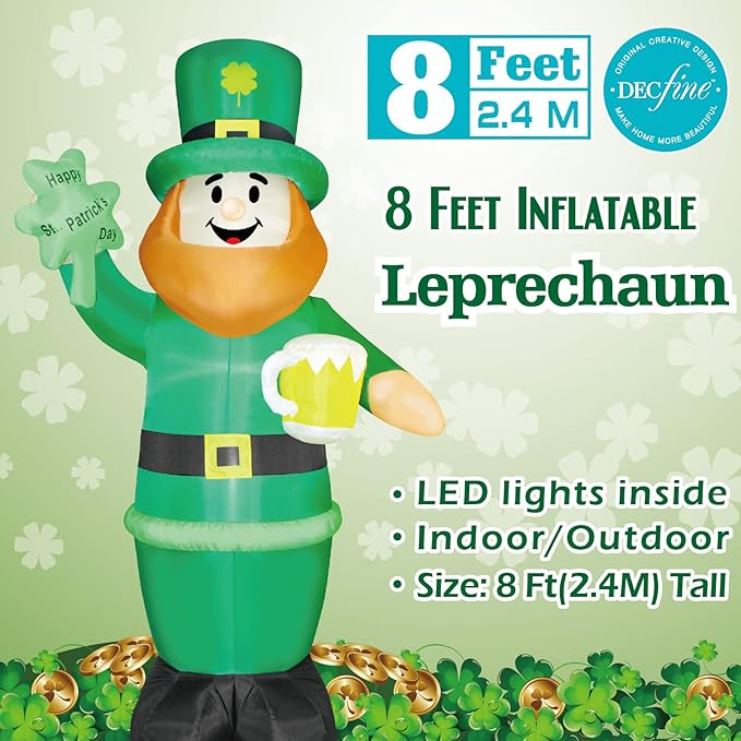 Christmas Inflatable Snowman/Nutcracker/Santa Claus Lighted Blow Up Christmas Yard Decoration with Built in Fan and Anchor Ropes (01-St. Patrick Leprechaun)