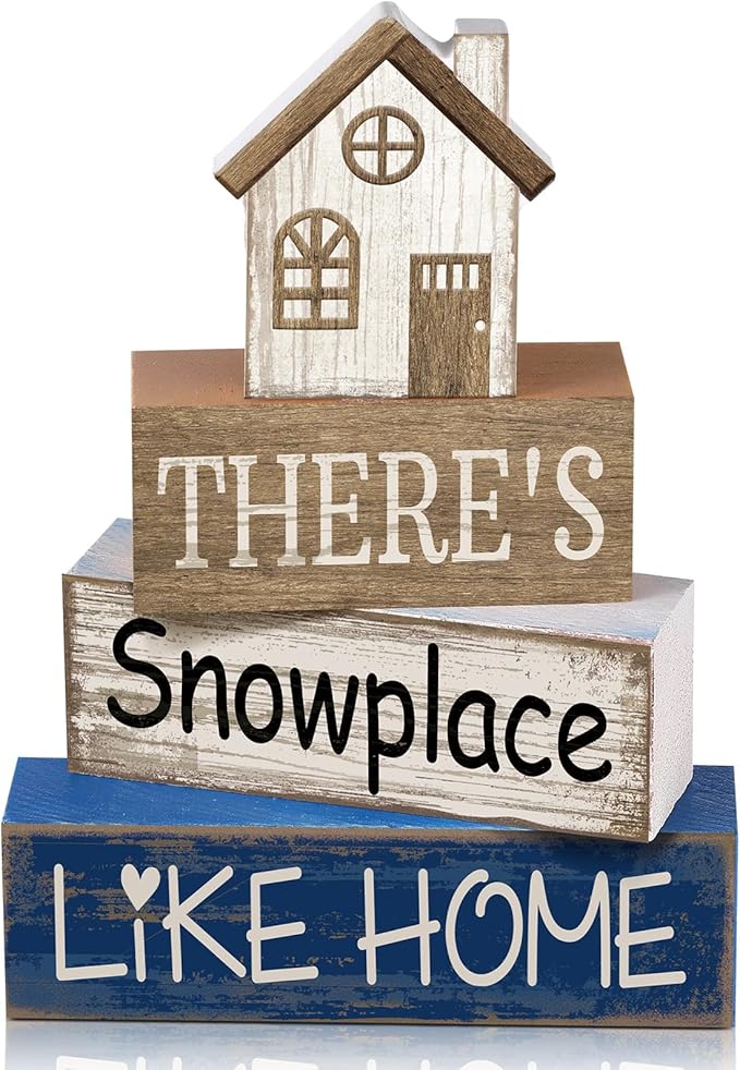 4 Pcs Christmas Table Decor Winter house Wooden Table Decorations Rustic Signs Tiered Tray Decor Wood Farmhouse Vintage Ornaments Winter Christmas Gift for Kitchen Home Desk