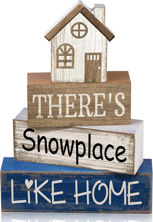 4 Pcs Christmas Table Decor Winter house Wooden Table Decorations Rustic Signs Tiered Tray Decor Wood Farmhouse Vintage Ornaments Winter Christmas Gift for Kitchen Home Desk