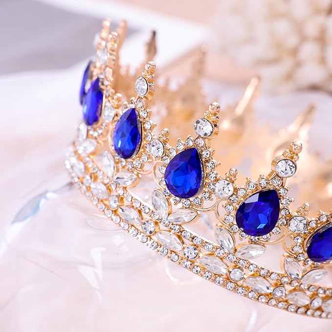 Blue Queen Crown for Women Crystal Tiara for Girl Rhinestone Wedding Headband for Bride Hair Accessories for Costume Birthday Party Prom Gifts
