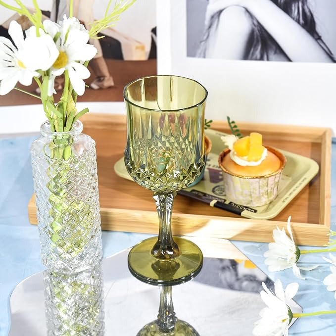 48 Pcs Plastic Green Wine Drinking Glasses, Plastic Water Goblets Green Vintage Reusable Drinkware Vintage Champagne glassware for Wedding Reception Grand Event Party, 7oz