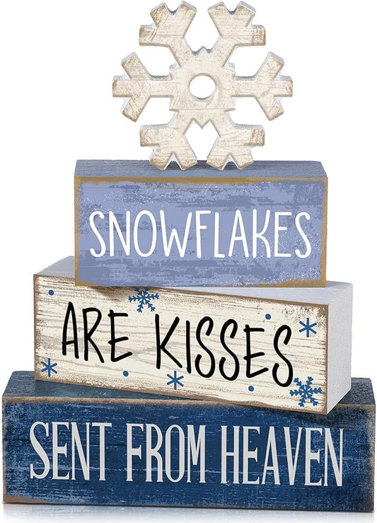 4 Pcs Christmas Table Decorations Wooden Snowflake Decor Winter Tiered Tray Decor Rustic Snow Block Signs Gift Farmhouse Christmas Centerpiece for Winter Wonderland Party Kitchen Home