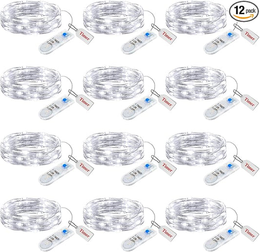 Minetom 12 Pack Fairy Lights Battery Operated String Lights with Timer - 7ft 20 LED Waterproof Silver Wire Firefly Lights Waterproof for DIY Crafts Wedding Décor Table Mason Jars Party, White