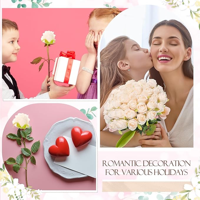 Hotop 80 Pcs Rose Artificial Flowers Bulk with Long Stem, Silk Roses Realistic Fake Flowers Bouquet for Wedding Table Centerpieces Bridal Shower Party Home Decorations(Beige)
