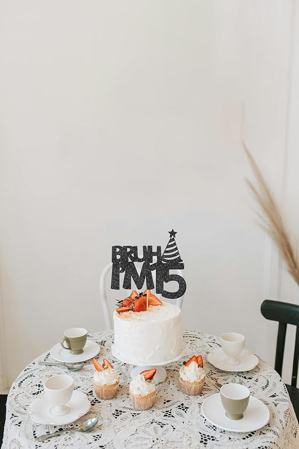 Bruh I’m 15 Cake Topper - Glitter Black 15th Birthday Cake Decorations, 15 Years Old Birthday Cake Smash Decor (15)