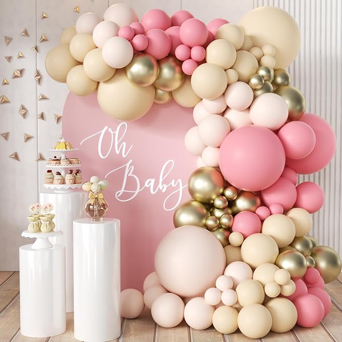 Dusty Blush Pink Nude Gold Balloon Arch Kit, 166Pcs Retro Pink Nude Metallic Gold and Macaron Light Pink Balloons for Bridal Baby Shower Girls Boho Birthday Wedding Decorations Supplies
