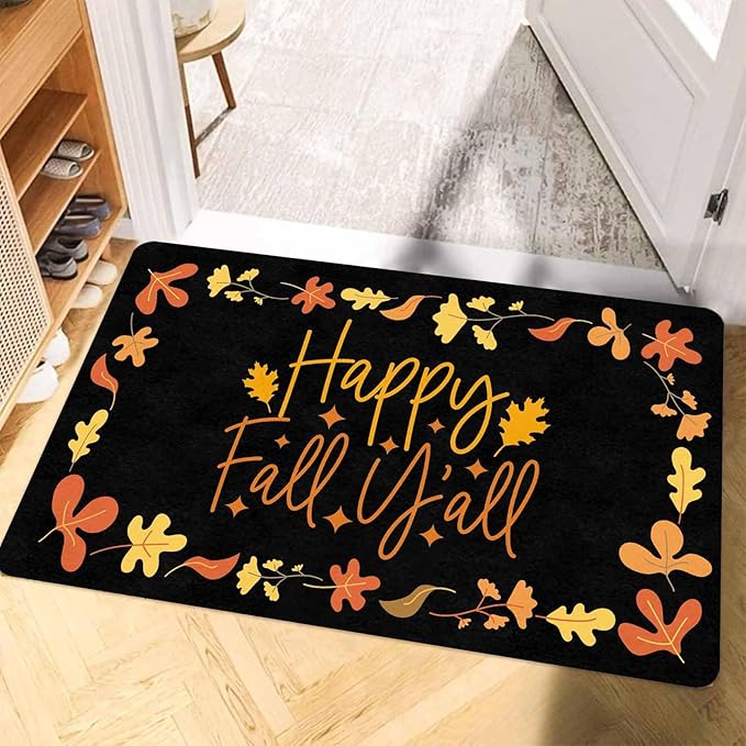 Fall Welcome Maple Leafs Decorative Door Mat, Autumn Thanksgiving Doormat for Indoor Outdoor Entrance Floor Mats,Fall Pumpkins Non Slip Harvest Vintage Decor Rubber Welcome Mats 30" x 18" Inch