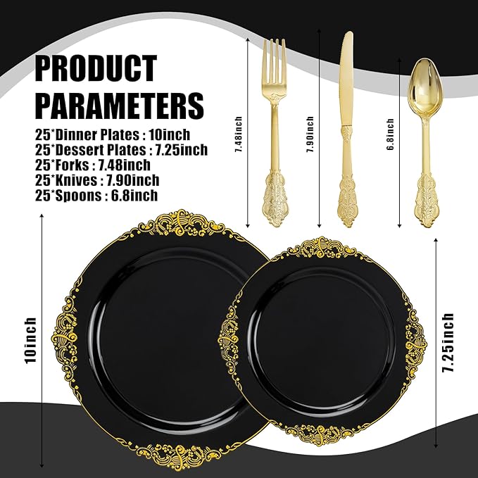 125PCS Black and Gold Plastic Plates - Black Disposable Dinnerware Set - Vintage Plastic Plates with Gold Silverware for 25 Guests for Wedding Party Halloween