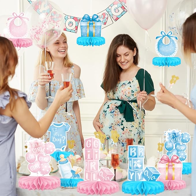 Gender Reveal Decoration Set - Includes Baby Reveal Table Decorations with Honeycomb Centerpiece for Boy or Girl Baby Shower Party Decoration
