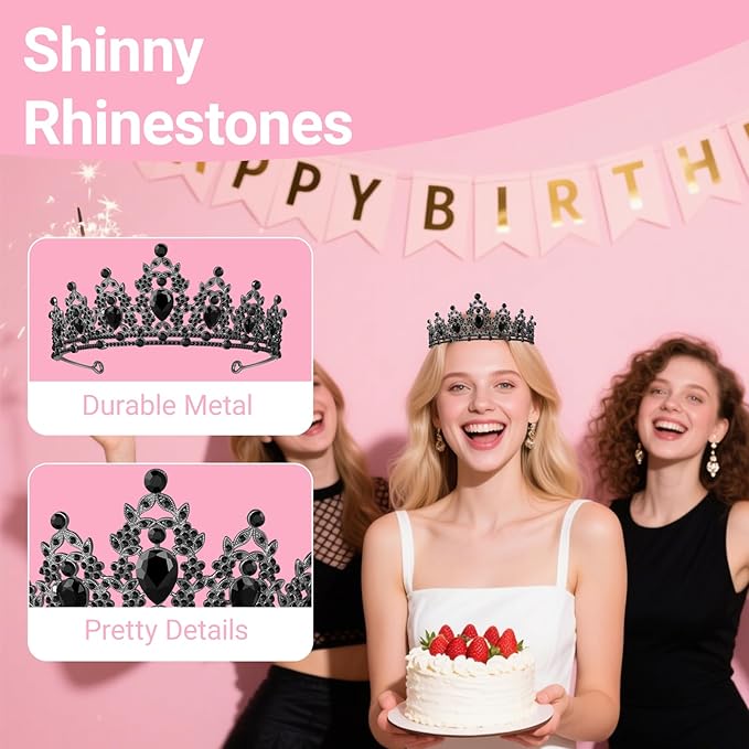 Taria Crowm Headband for Women, Hair Accessories for Birthday Wedding Party Costume (Black)