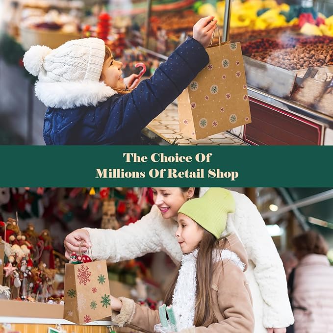 MESHA Christmas Gift bags 24Pcs 8.6x7x3.3'' Kraft Paper Bags with Handles Bulk for Gifts Holiday Xmas Goodie, Party Favors, Candy, Treat