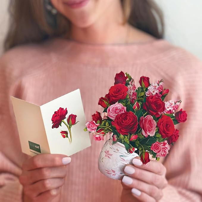 Freshcut Paper Pop Up Cards, Mini Blooming Roses, 6 Inch Mini Sized Forever Flower Bouquet 3D Popup Greeting Cards, Valentine's Day, Anniversary Card, Blank Notecard & Envelope