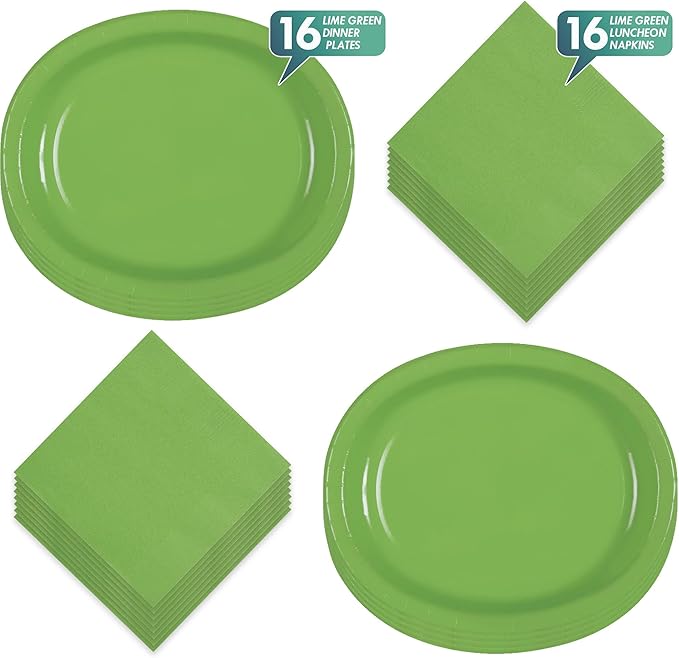Solid Lime Green Large Oval Paper Dinner Plates and Lunch Napkins, Green Party Supplies and Table Decorations (Serves 16)