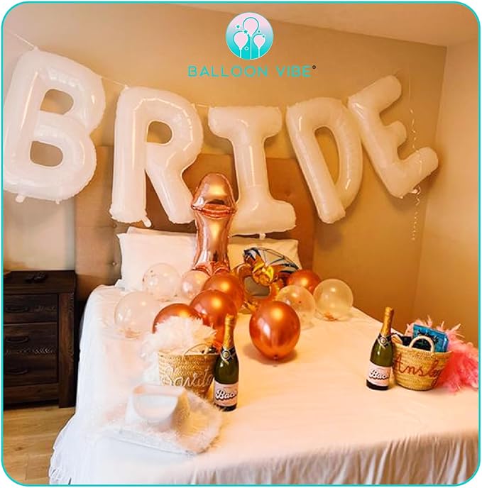 BALLOON VIBE Giant 40" White BRIDE Balloons with Hand Pump, 2 Straws & Ribbon Roll - Bride Letter Balloons for Bachelorette Party Decorations, Wedding, Engagement, Bridal Photo Booth