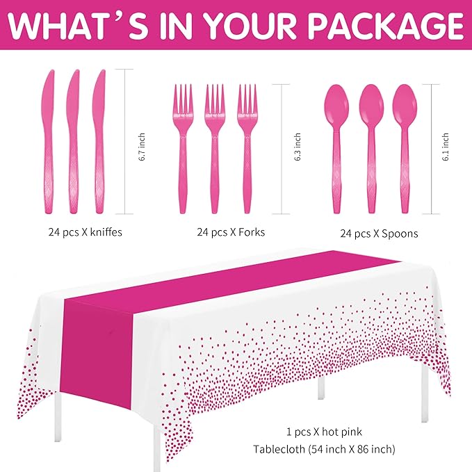 Hot Pink Party Decorations Supplies Tableware, Hot Pink Paper Plates And Napkins, Tablecloth Printed Table Runner, Cutlery, for Birthday Baby Bridal Shower Wedding Anniversary, Serves 24