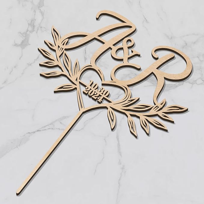Custom Initials and Date Wedding Cake Topper Pesonalized Wedding Cake Decoration Heart and Leaves Design in Wood