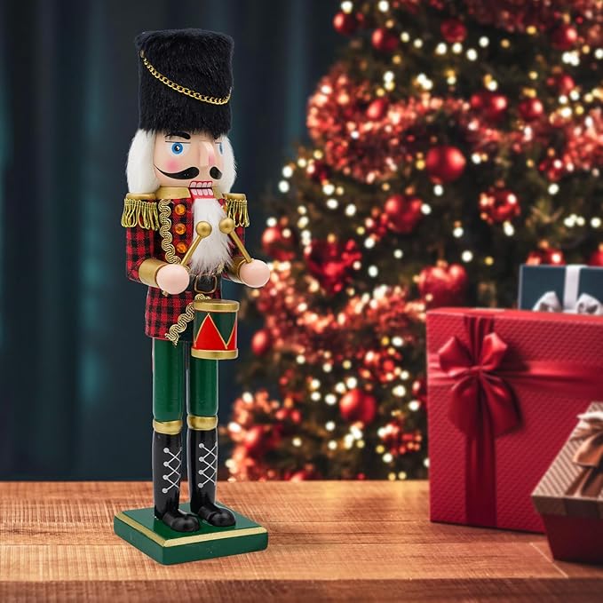 14" Wooden Drummer Nutcracker, Festive Christmas Decoration, Handcrafted Drummer Themed Nutcracker Collectible Christmas Decor for Tabletop, Shelves, and Fireplace Mantel (Drum)