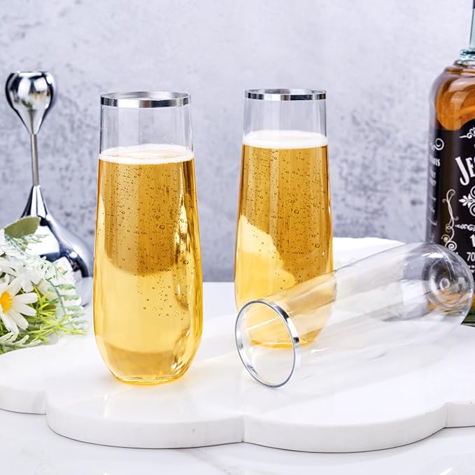SUT 36 PCS Shatterproof Plastic Champagne Flutes, 9 Oz Clear Disposable Toasting Glasses with Silver Rim for Weddings, Parties, Mimosa & Cocktails(36 Pack)