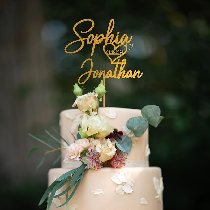 Noni Luxury Personalized Wedding Cake Topper with date and heart, Custom Couples Script Cake Topper for Weddings, Mr and Mrs Cake Toppers for Wedding, Custom Cake topper, Rustic Cake Topper