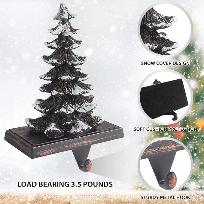2025 New Christmas Stocking Holders for Mantle Set of 2 Snow Brown Vintage Xmas Tree with Non-Skid Stockings Holders for Fireplace Home Decor Holiday Gifts Christmas Decorations Indoor Supplies