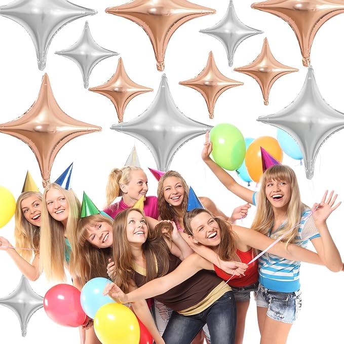 Rose Gold Silver Star Balloons,12Pcs Four Angle Star Foil Balloons,26Inch and 10Inch Rose Gold Silver Quadrangle Helium Polyester Film Balloon for Birthday Anniversary Wedding Party Decorations