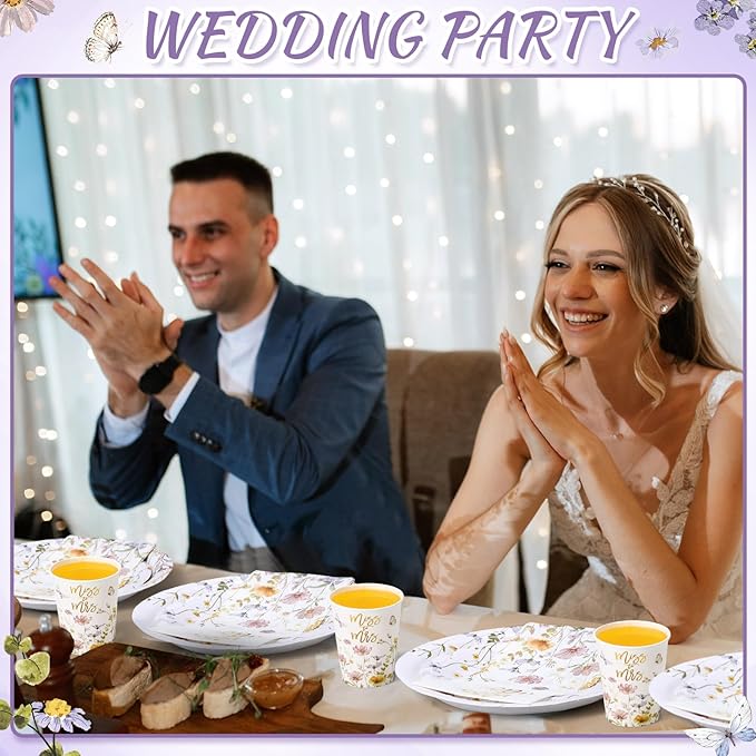 250 Pcs Miss to Mrs Wildflower Party Decorations Floral Wedding Paper Plates Napkins and Cups Disposable Tableware Set for Wedding Bridal Shower Engagement Party Supplies, Serves 50