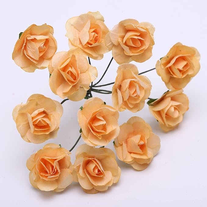 144pcs Mulberry Paper Mini Roses Artificial Flowers Heads with Stems for DIY Crafts Accessories Make Bridal Hair Clips Headbands Dress Wedding Bridal Bouquets Party Home Decor Valentine's (Champagne)