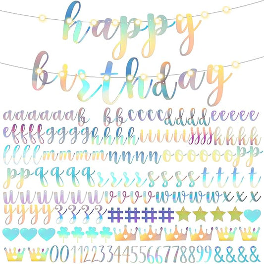 TaoBary 167 Pcs DIY Banner Kit Happy Birthday Glitter Banner Customizable Glitter Make Your Own Kit 162 Letters Symbols and Numbers 3 Rope for Birthday Halloween Wedding Christmas(Holographic)
