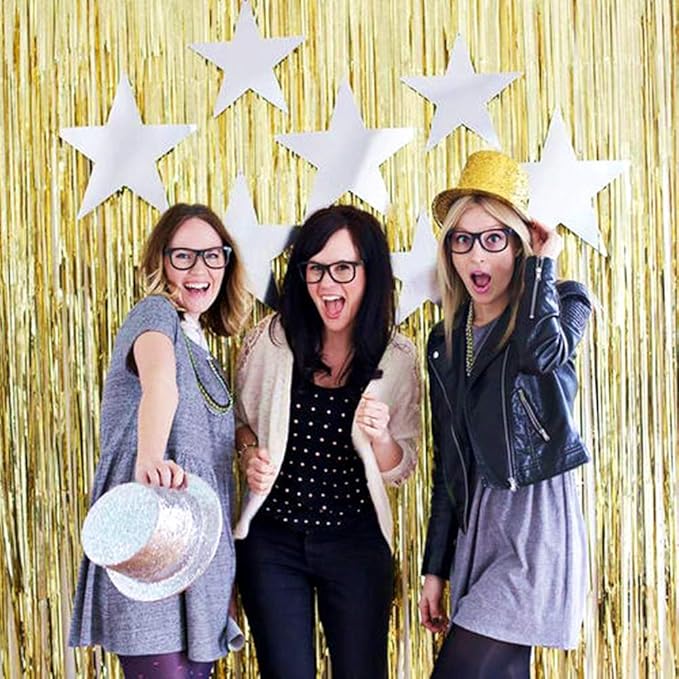 2 Pcs 3.2ft x 8.2ft Shiny Gold Metallic Tinsel Foil Fringe Curtains Photo Booth Backdrop for Birthday Wedding Holiday Celebration Bachelorette Party Decorations