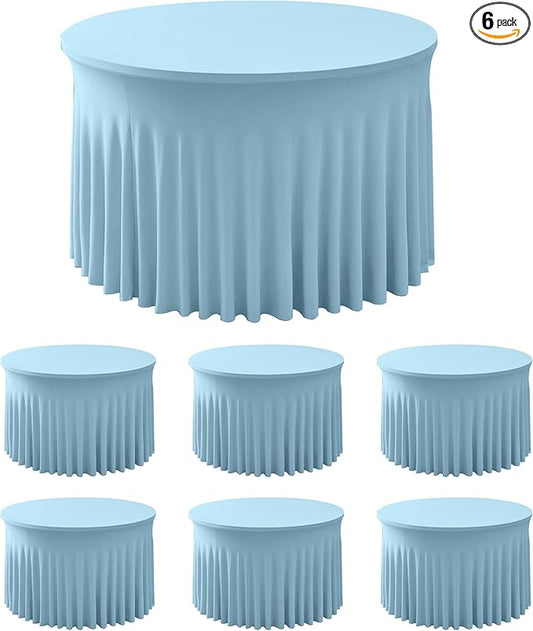 60 Inch Spandex Round Table Skirts ,Fitted Stretch Tablecloths for Round 5 ft Table, Wrinkle-Free Ruffle Design Tablecloths for Baby Shower, Banquets,Trade Shows, Parties, Events, Baby Blue,6 Pcs