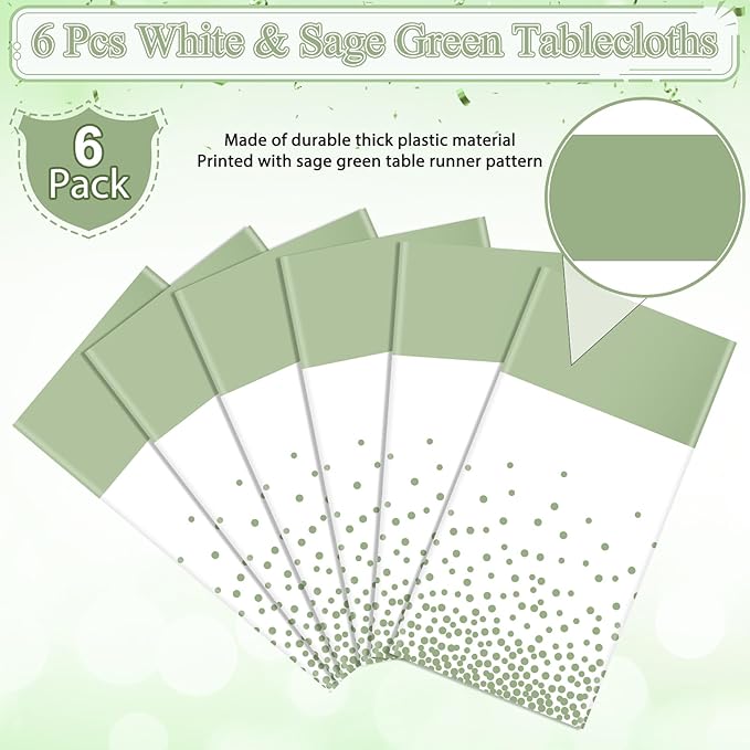 6Pcs White and Sage Green Tablecloth Decorations,Plastic White Table Cloth Printed Green Table Runner Disposable Rectangle Table Cover for Birthday Wedding Anniversary Graduation Party,54 x108 Inch