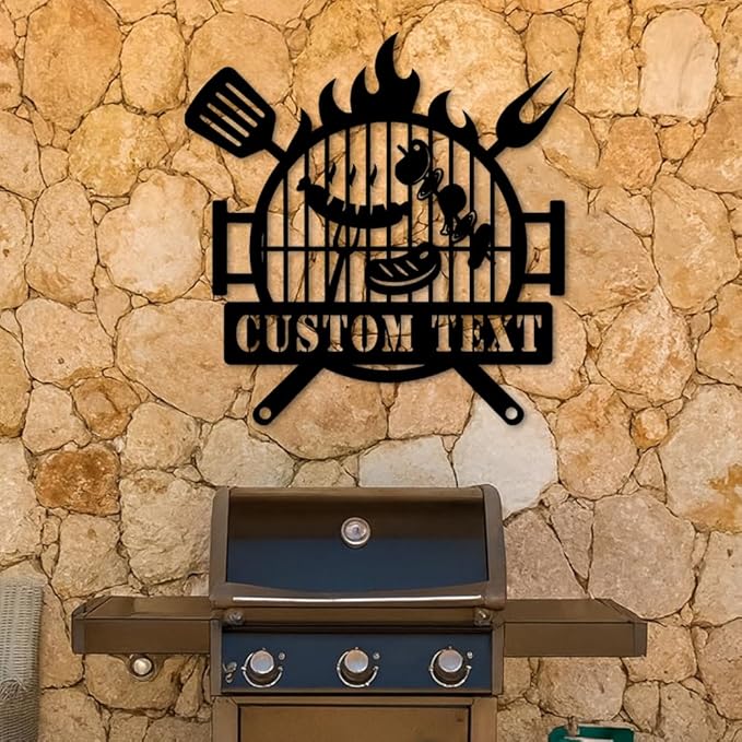 Custom BBQ Grill Metal Sign, Personalized Barbecue Plaque with Fire and Utensils Design, Outdoor Patio Yard Wall Art, Rustic Grill and Smoker Decor, Gift Idea for Birthday, Christmas, Holiday BBQ