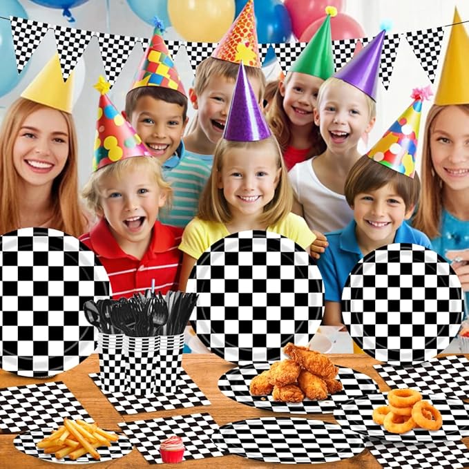 40 Pcs Race Car Birthday Party Decorations - Black and White Checkered Plates and Napkins for 20 Guests, Disposable Tableware Supplies for Birthdays, Game Day, and Racing-Themed Parties