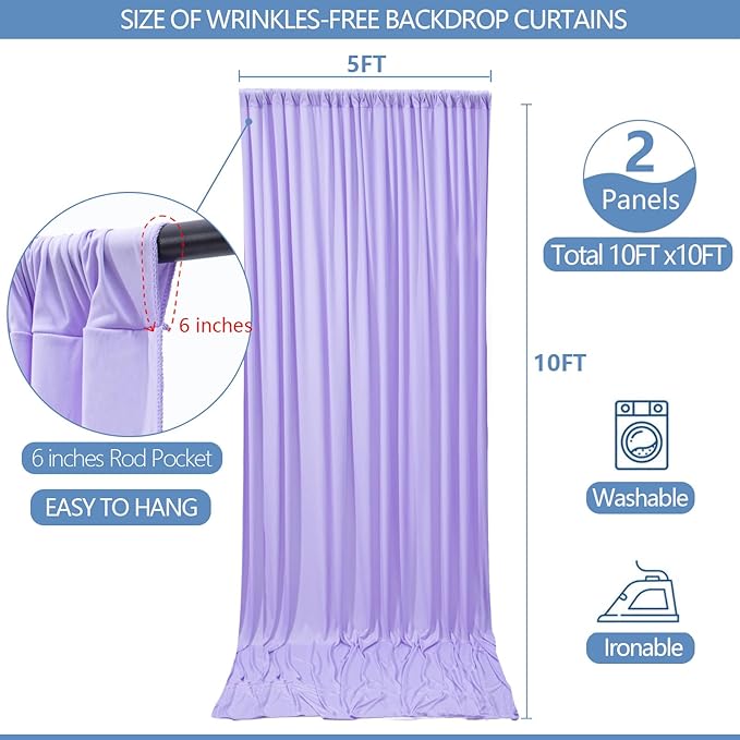 10x10ft Wrinkle Free Lavender Backdrop Curtain for Parties Soft Fabric Drapes Wedding Curtain Backdrop for Birthday Party Decorations Background for Photography 5x10ft,2 Panels